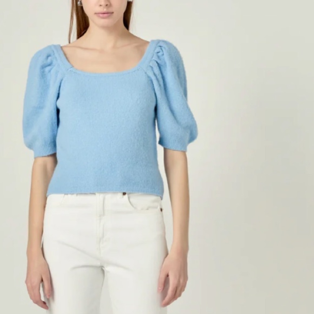 English Factory Puff Sleeve Sweater Baby Blue Large NEW poof